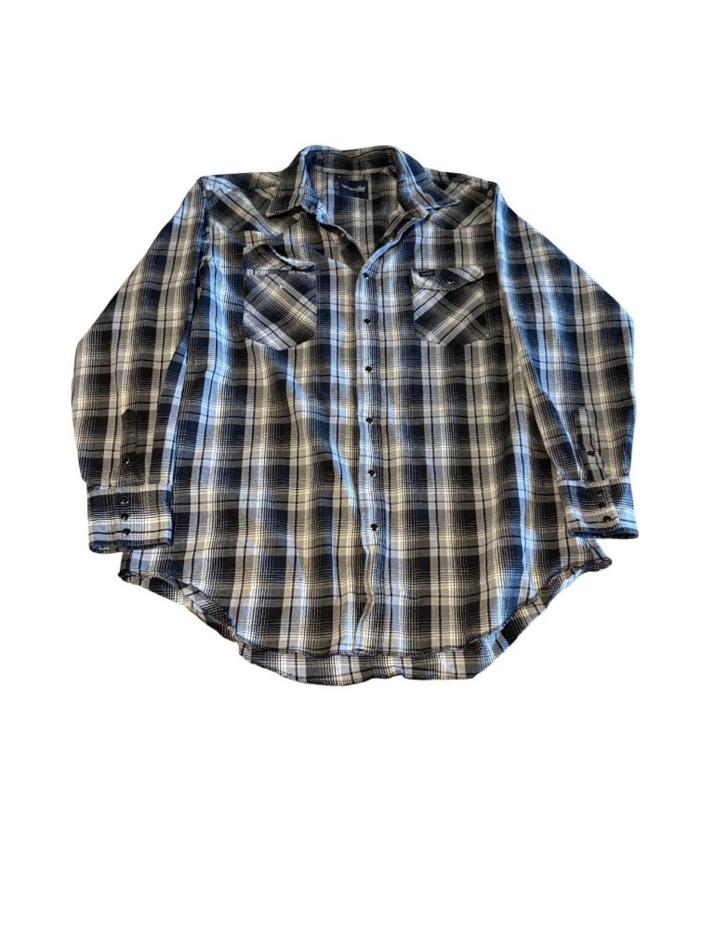 Wrangler Pearl Snap Shirt Mens 2XL Blue Black Plaid Western Rodeo Long Sleeve